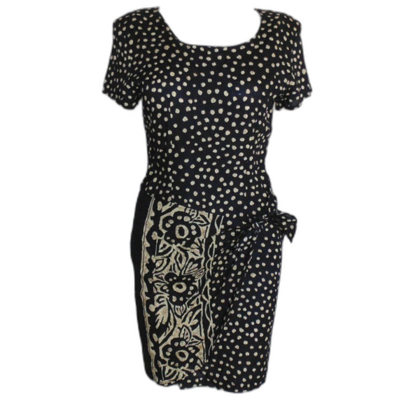 New ELISSE Mini Dress, XS/2, Polka Dot, Fold over, Knot, Blue/Tan, VINTAGE - Picture 10 of 14